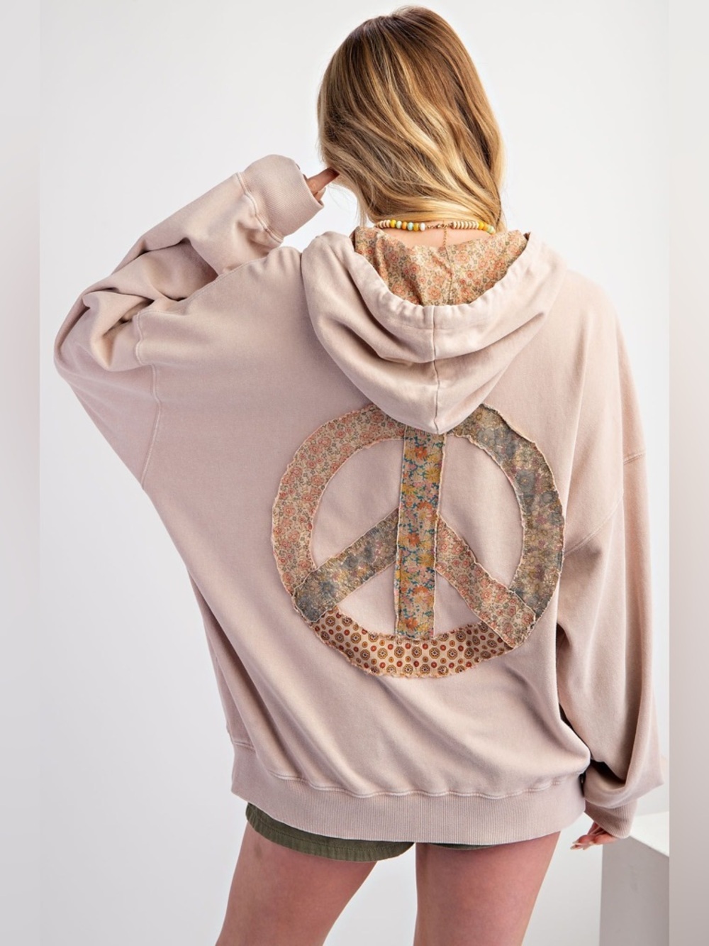 Easel Heart and Soul Peace Sign Patchwork Terry Hoodie in Oyster Mushroom medium